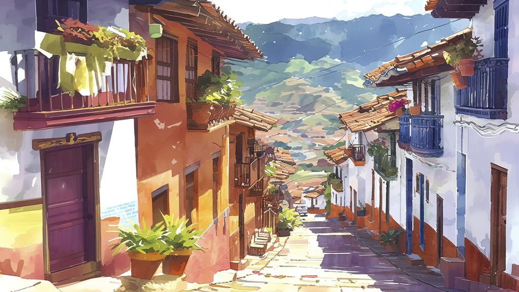 Illustrazione di un villaggio andino in Colombia
