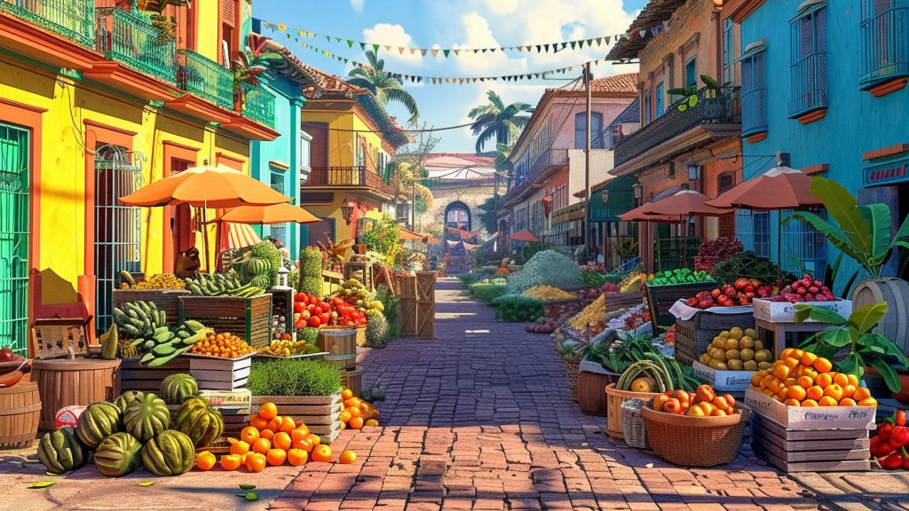 Illustration d'un marché dans une rue en Colombie