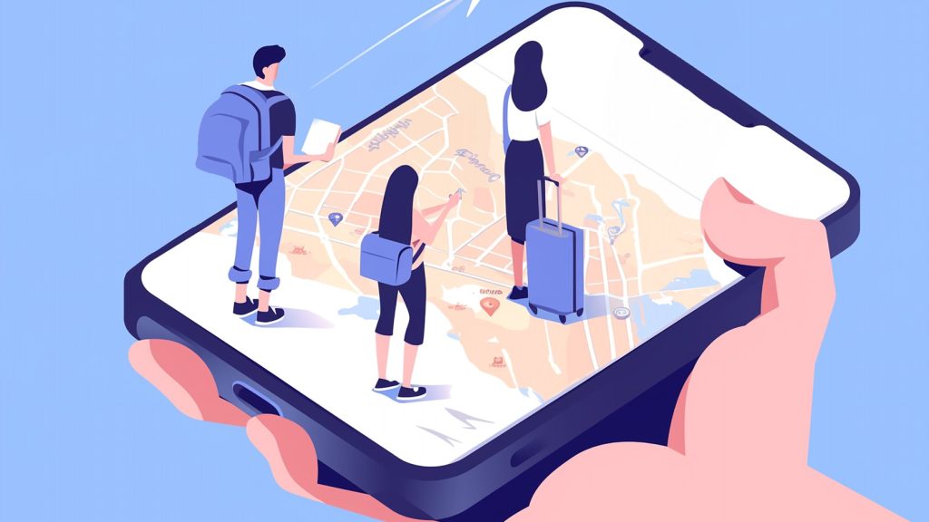Illustrazione di personaggi che camminano su una mappa per smartphone