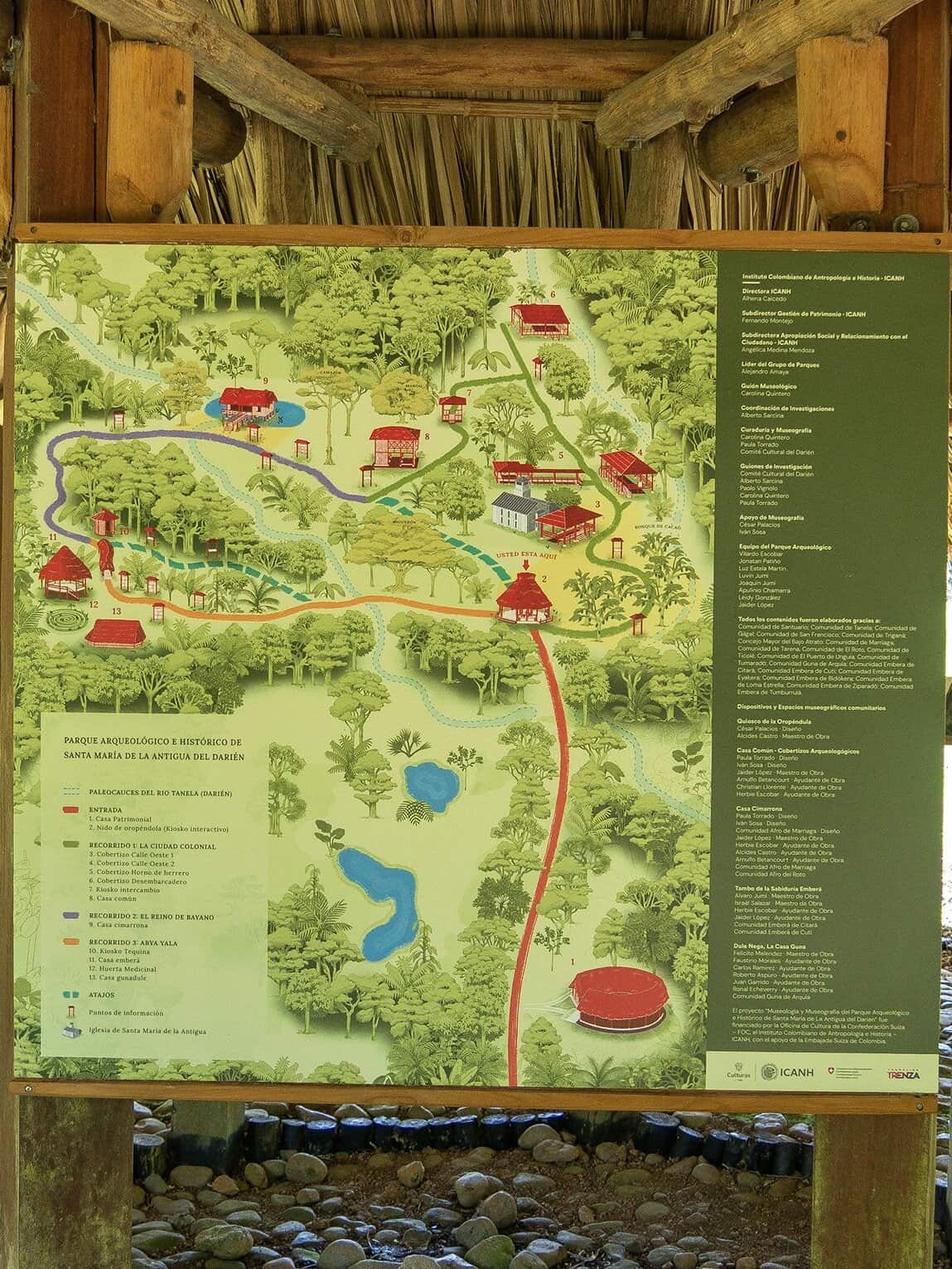 Panneau sur le parcours du parc en exérieur, Parc archéologique de Santa María la Antigua del Darién, Chocó, Colombie