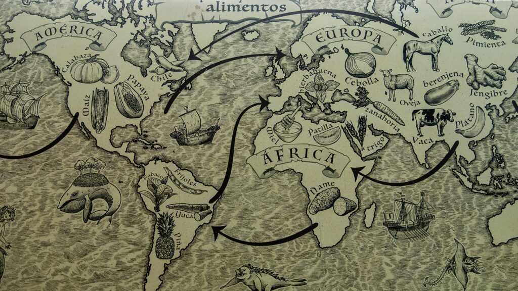 Carte des produits importés par les empires coloniaux, Parc archéologique de Santa María la Antigua del Darién, Chocó, Colombie