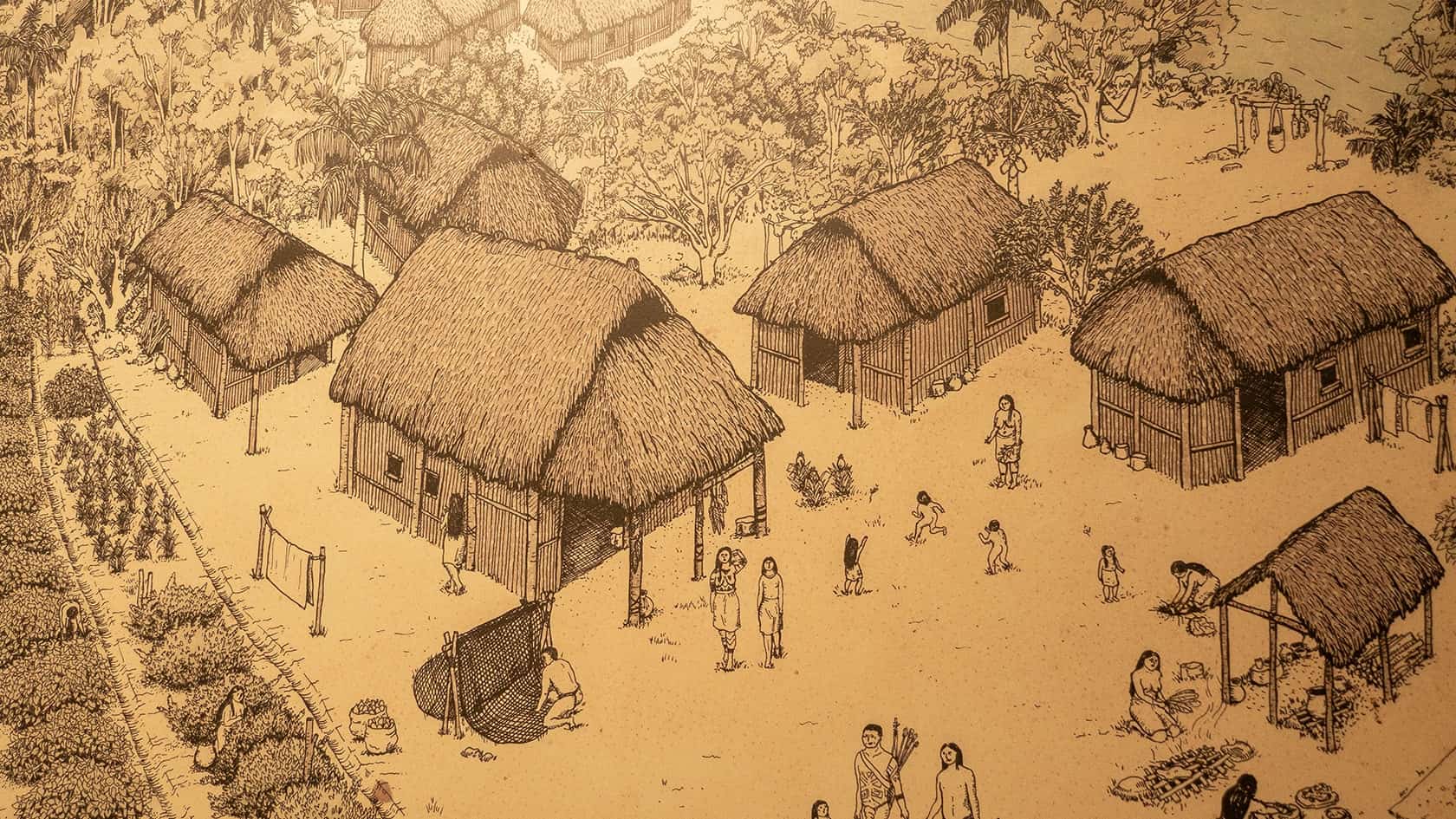 Illustration village indigène, Parc archéologique de Santa María la Antigua del Darién, Chocó, Colombie