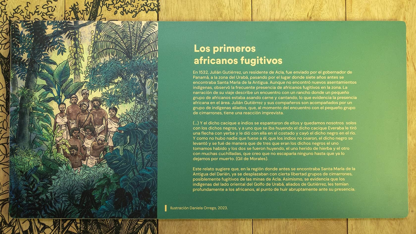 Panneau informatif sur les esclaves africains, Parc archéologique de Santa María la Antigua del Darién, Chocó, Colombie