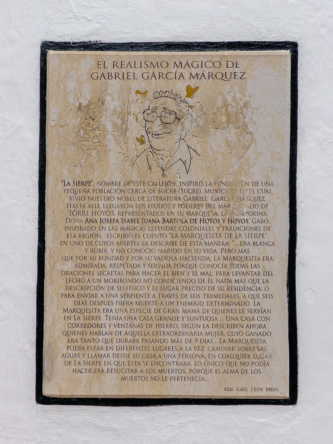 Plaque en l'honneur du réalisme magique de Gabriel Garcia Marquez, Mompox, Colombie